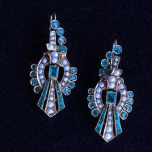 Antique vintage earrings gold emeralds pearls Long dangle ear pendants (7245)