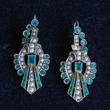 Antique vintage earrings gold emeralds pearls Long dangle ear pendants (7245)