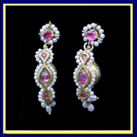 antique vintage earrings gold rubies pearls Indian dangle drop earrings
