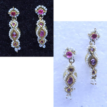 Antique / vintage earrings Gold Rubies Pearls Indian Dangle Drop Earrings (7250)