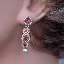 Antique / vintage earrings Gold Rubies Pearls Indian Dangle Drop Earrings (7250)