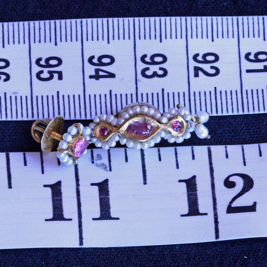 Antique / vintage earrings Gold Rubies Pearls Indian Dangle Drop Earrings (7250)