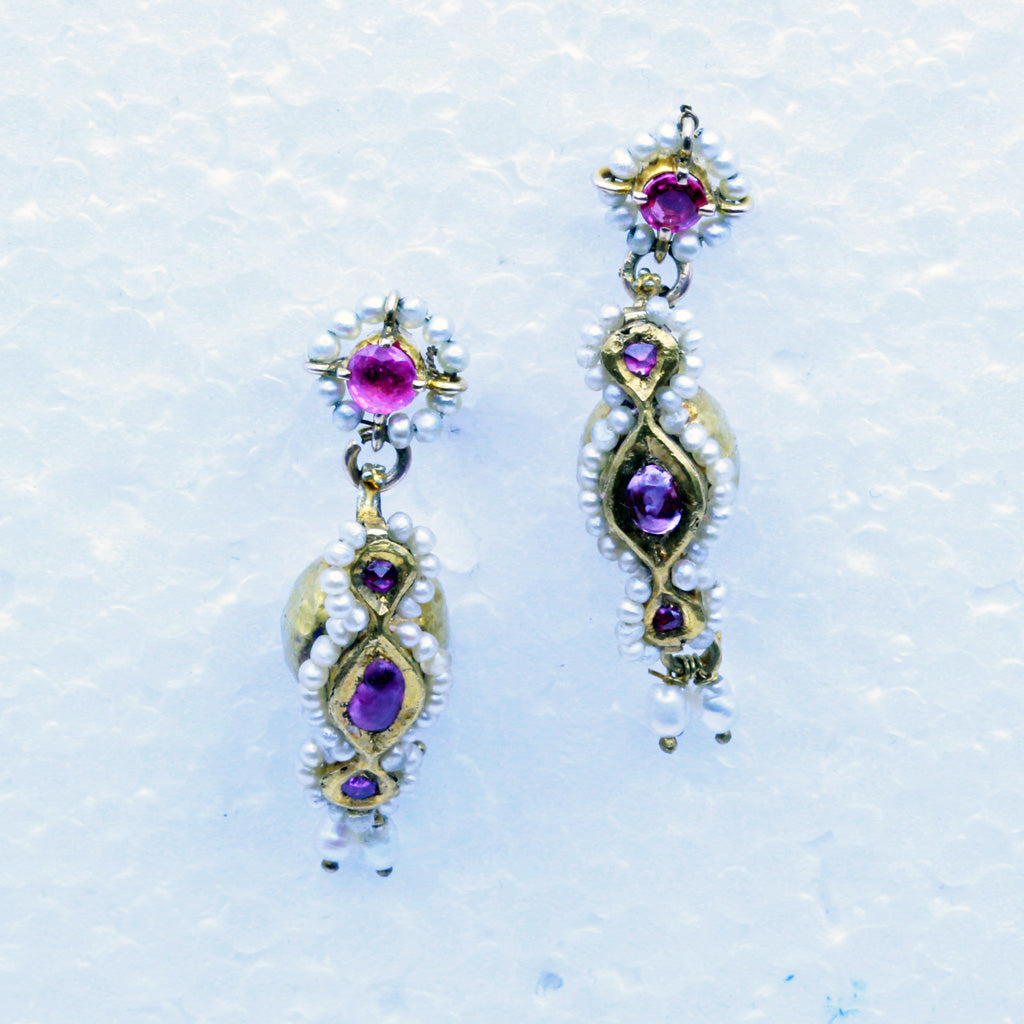Antique / vintage earrings Gold Rubies Pearls Indian Dangle Drop Earrings (7250)