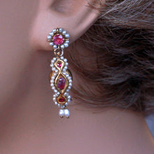 Antique / vintage earrings Gold Rubies Pearls Indian Dangle Drop Earrings (7250)