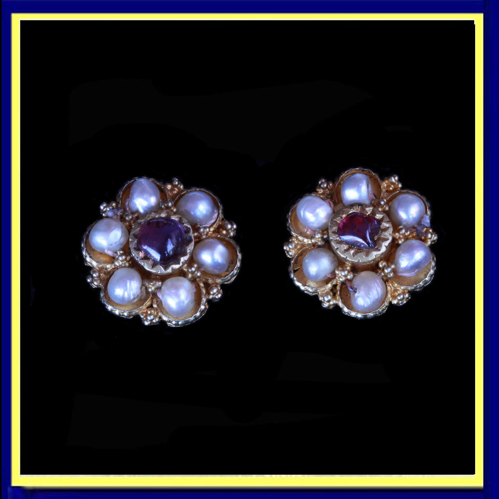 antique earrings gold rubies pearls flower Indian fine granulation
