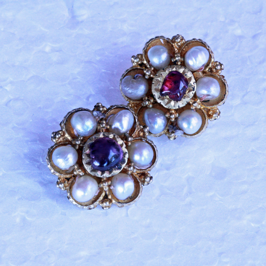Antique Earrings gold rubies pearls flower South Indian fine granulation (7254)