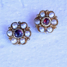 Antique Earrings gold rubies pearls flower South Indian fine granulation (7254)
