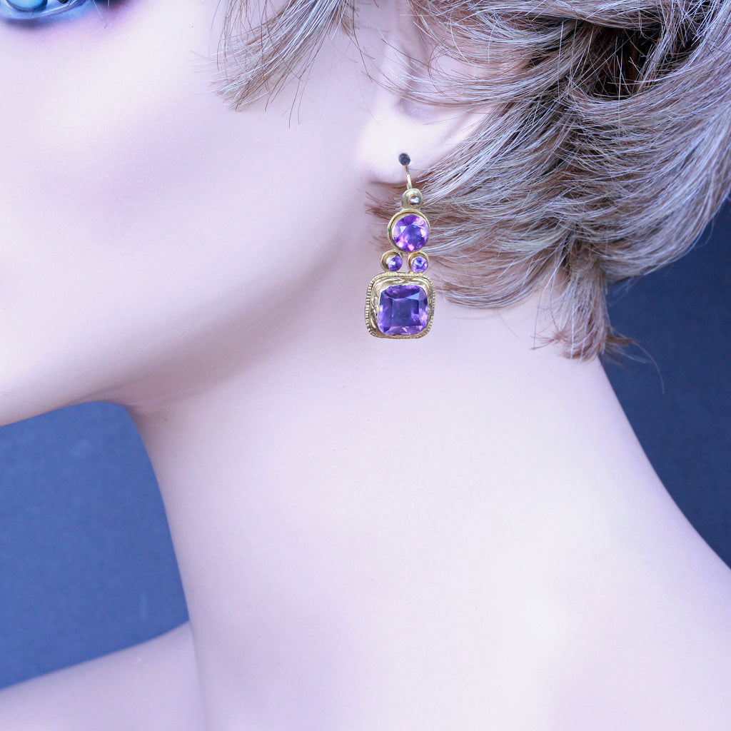 Antique Georgian earrings gold amethyst ear pendants Portuguese Iberian (7268)