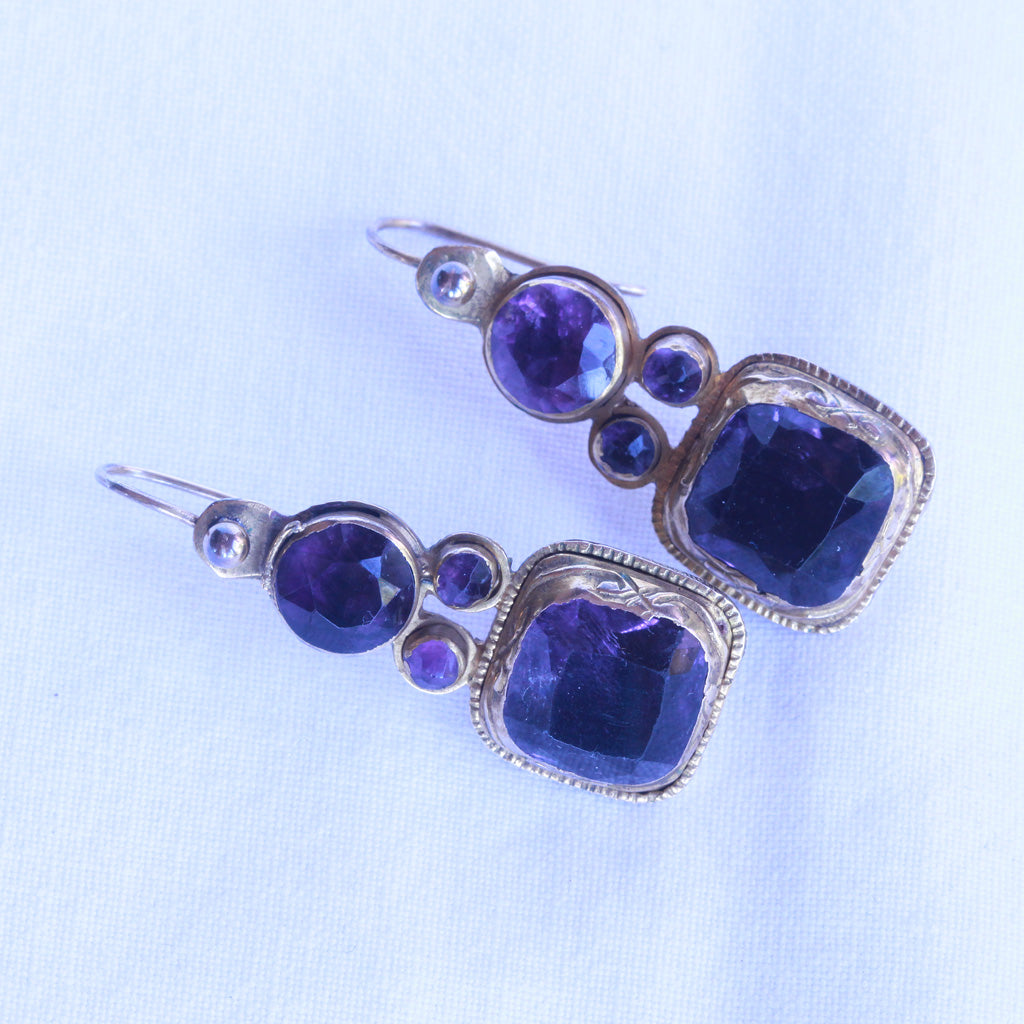 Antique Georgian earrings gold amethyst ear pendants Portuguese Iberian (7268)