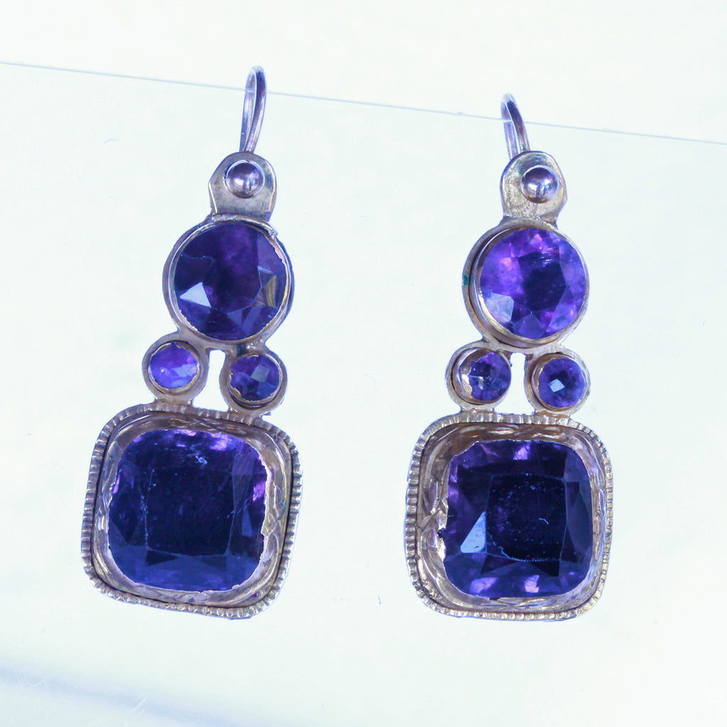 Antique Georgian earrings gold amethyst ear pendants Portuguese Iberian (7268)