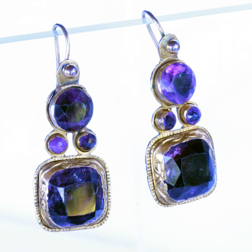 Antique Georgian earrings gold amethyst ear pendants Portuguese Iberian (7268)