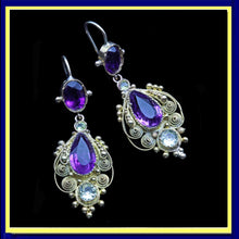 antique Georgian earrings dangle gold amethyst chrysoberyl cannetille