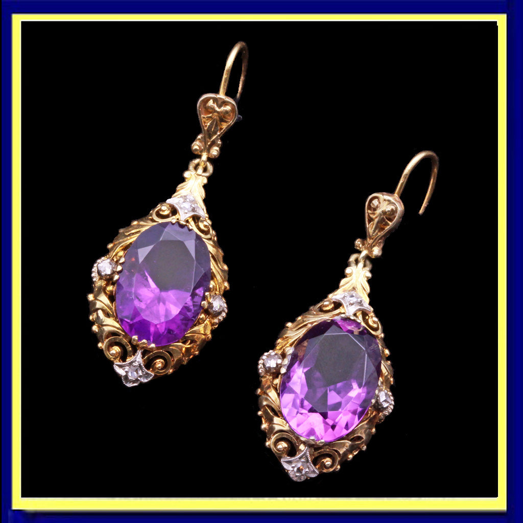 antique Victorian earrings ear pendants gold amethysts diamonds English