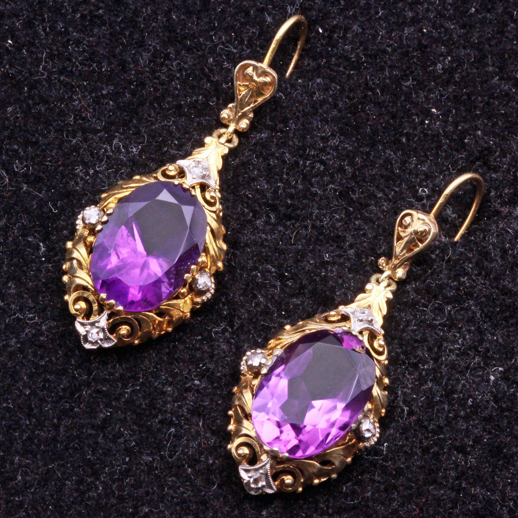 Antique Victorian earrings ear pendants gold amethysts diamonds English (7280)