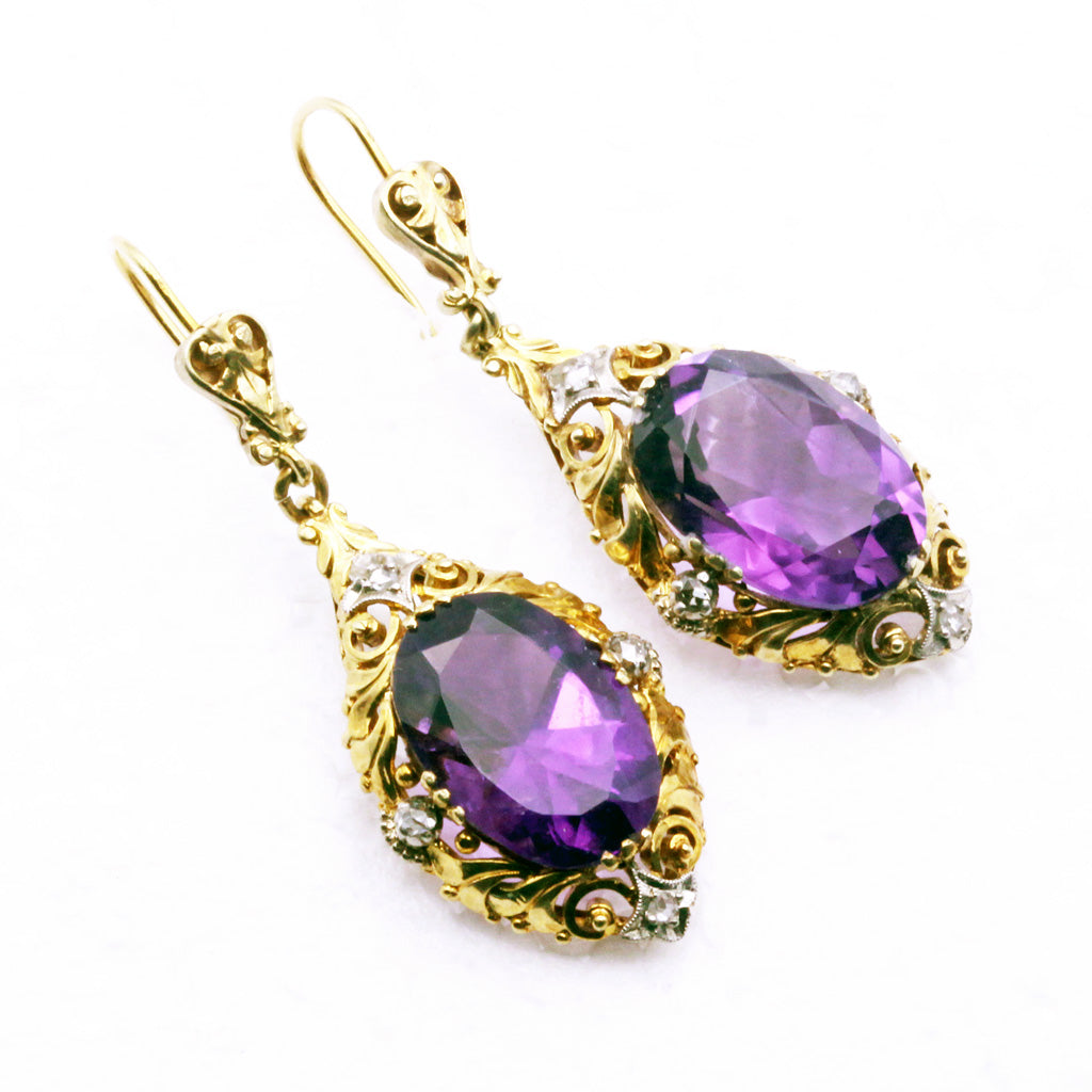 Antique Victorian earrings ear pendants gold amethysts diamonds English (7280)