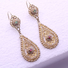 Antique Earrings Ear Pendants gold pearls emeralds rubies Sicily bridal (7283)