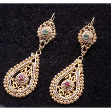Antique Earrings Ear Pendants gold pearls emeralds rubies Sicily bridal (7283)
