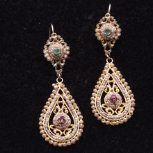 Antique Earrings Ear Pendants gold pearls emeralds rubies Sicily bridal (7283)