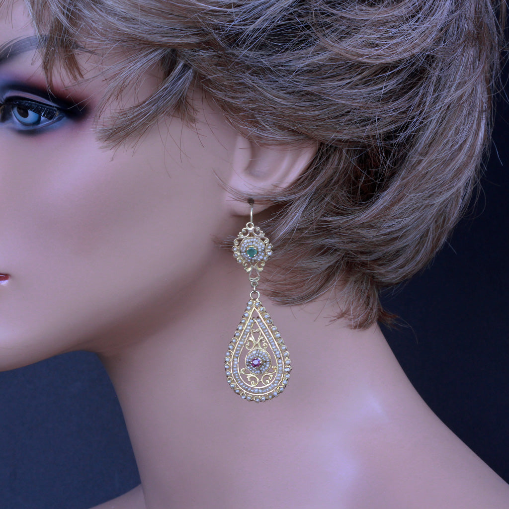 Antique Earrings Ear Pendants gold pearls emeralds rubies Sicily bridal (7283)