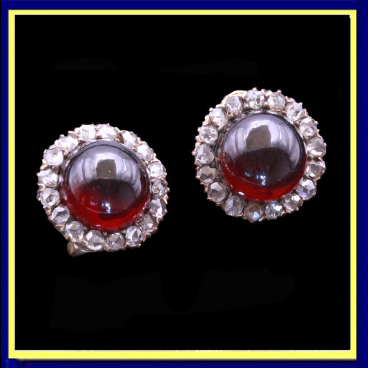 antique Victorian earrings 18k gold diamonds garnet cabochons English