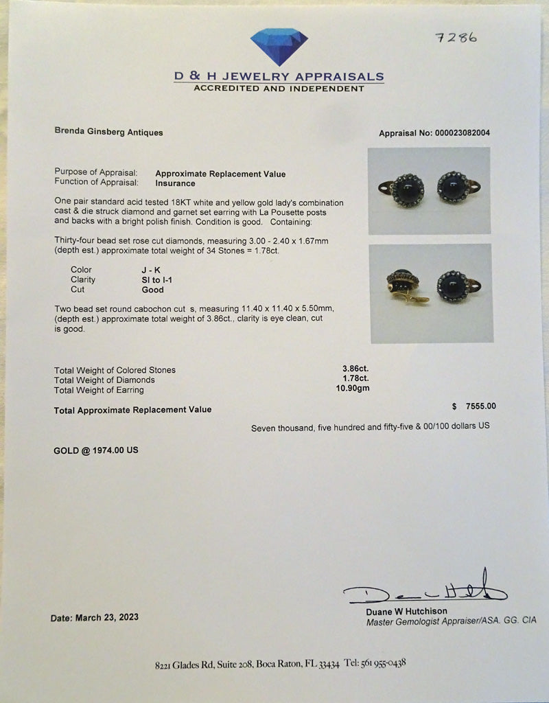 Antique Victorian earrings 18k gold diamonds garnet cabochons English (7286)