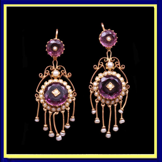 antique Victorian earrings long ear pendants gold amethysts pearls French