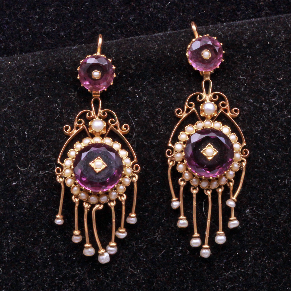 Antique Victorian earrings long ear pendants gold amethysts pearls French (7293)