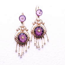 Antique Victorian earrings long ear pendants gold amethysts pearls French (7293)