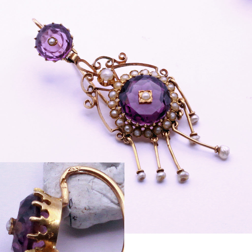 Antique Victorian earrings long ear pendants gold amethysts pearls French (7293)