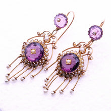 Antique Victorian earrings long ear pendants gold amethysts pearls French (7293)
