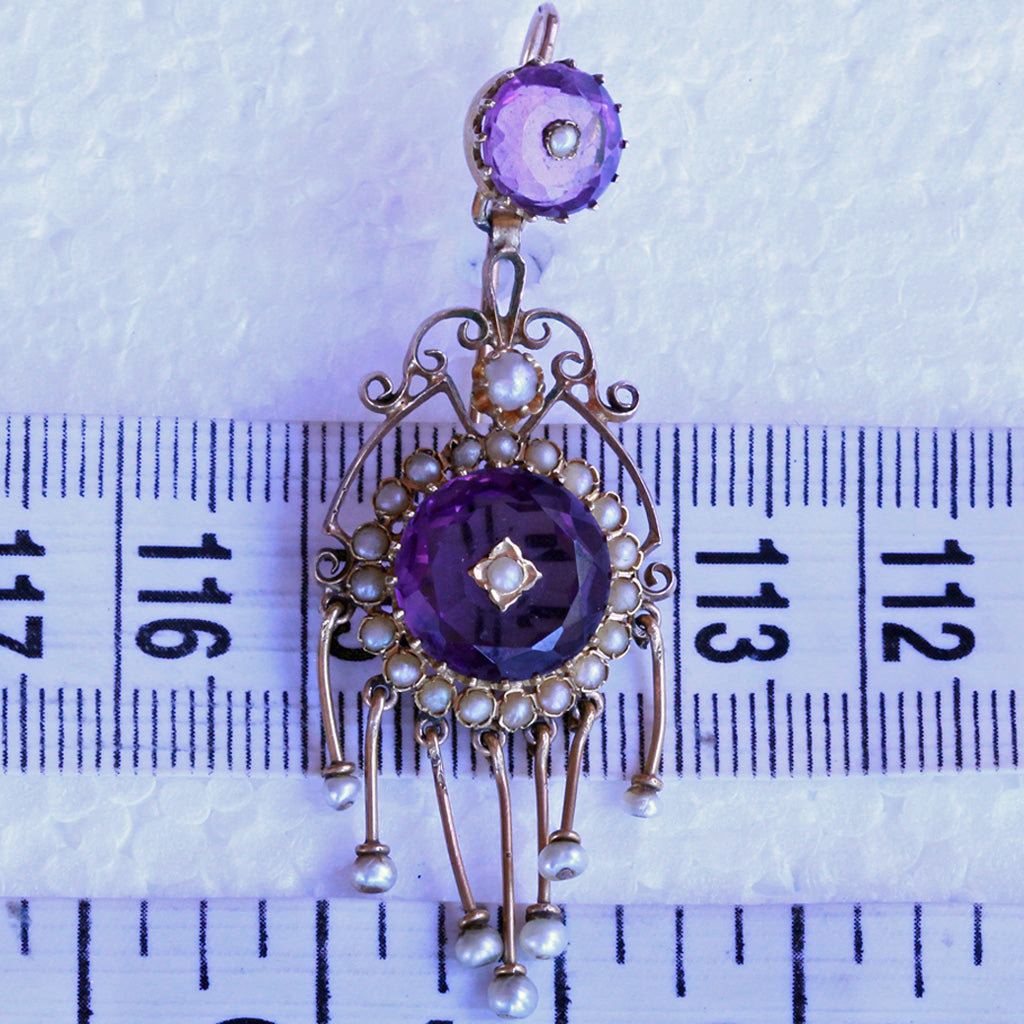Antique Victorian earrings long ear pendants gold amethysts pearls French (7293)