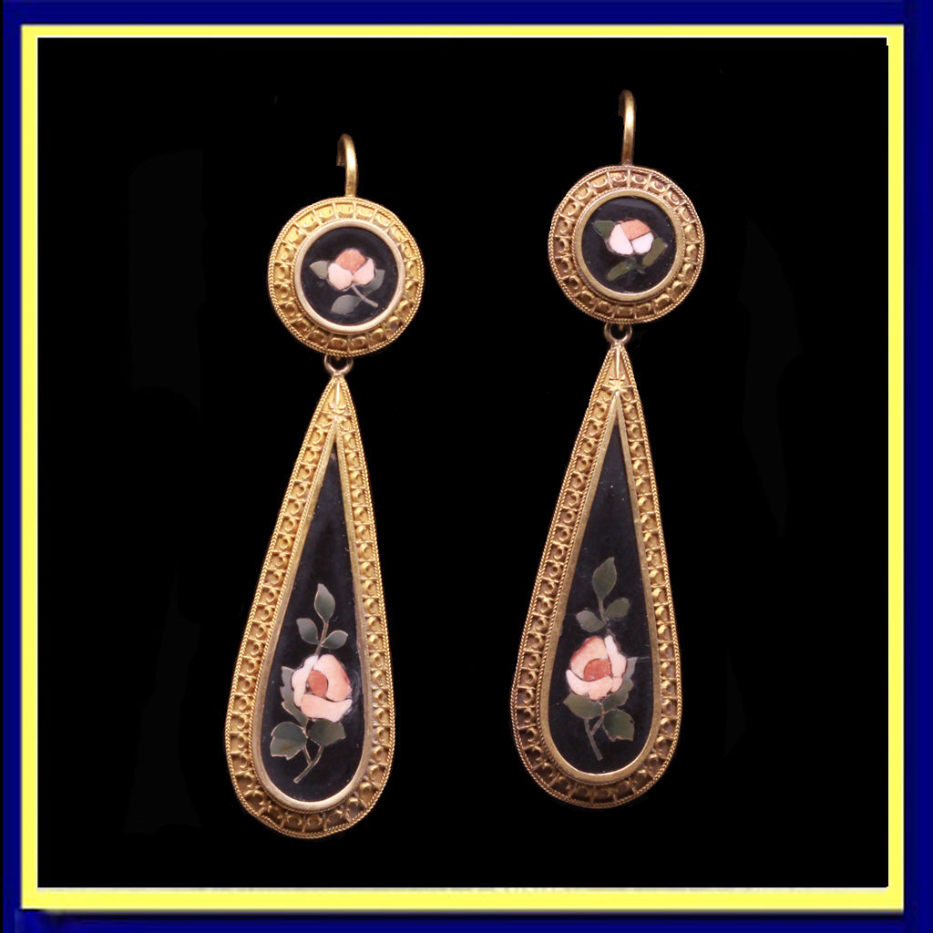 antique Victorian neo classic earrings gold pietra dura florentine mosaics