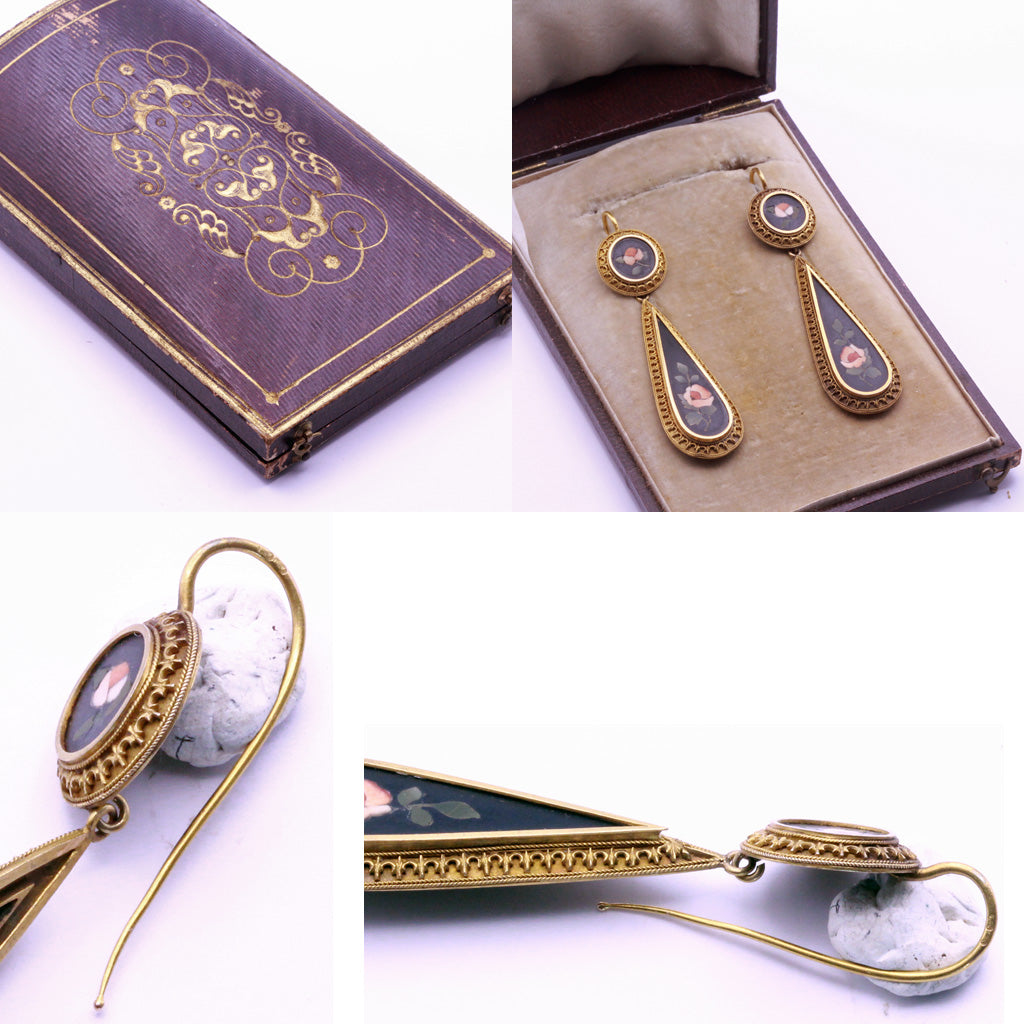 Antique Victorian Neo-Classic Earrings Gold Pietra Dura Florentine Mosaics (7294)