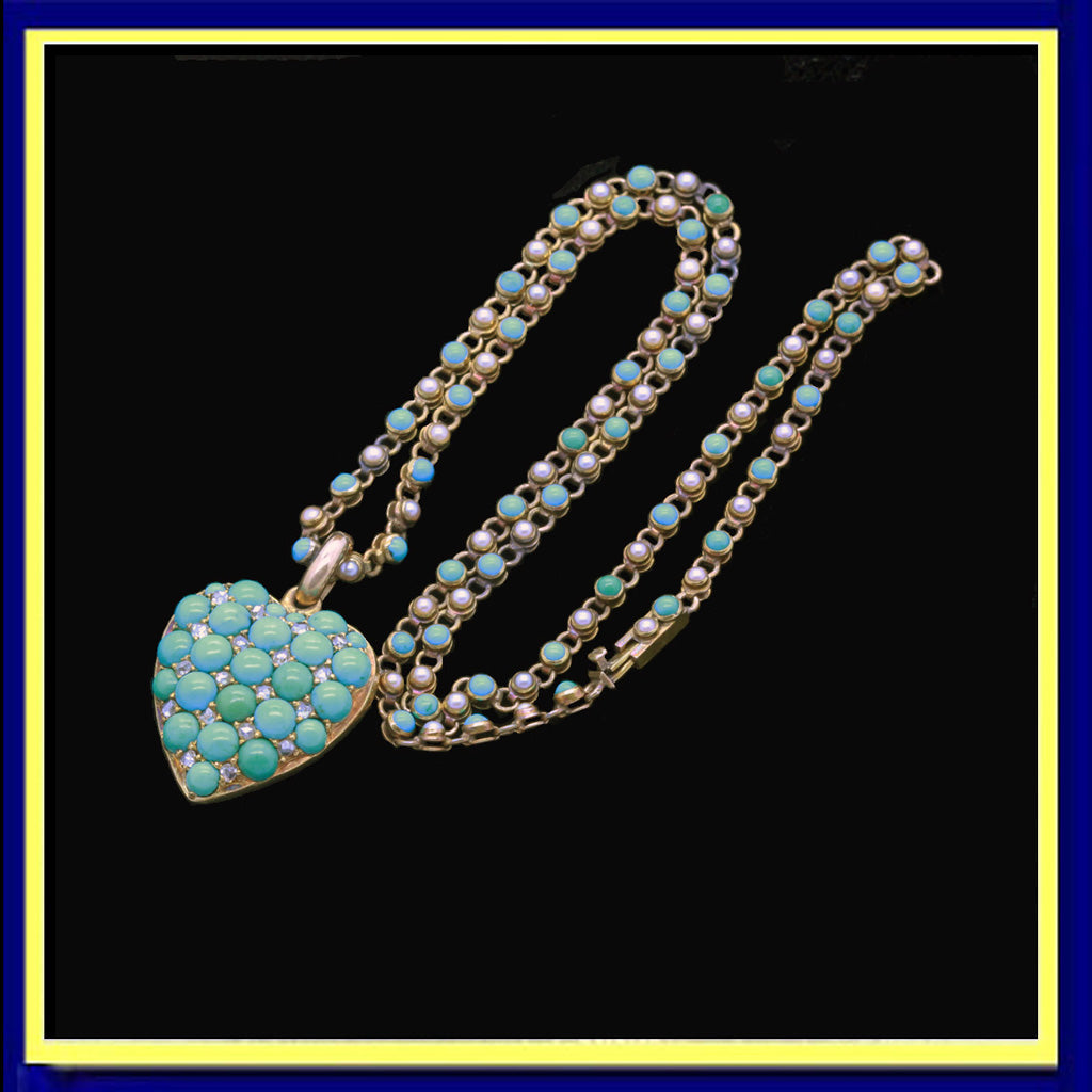 Antique Victorian necklace pendant gold turquoise diamonds pearls heart romantic