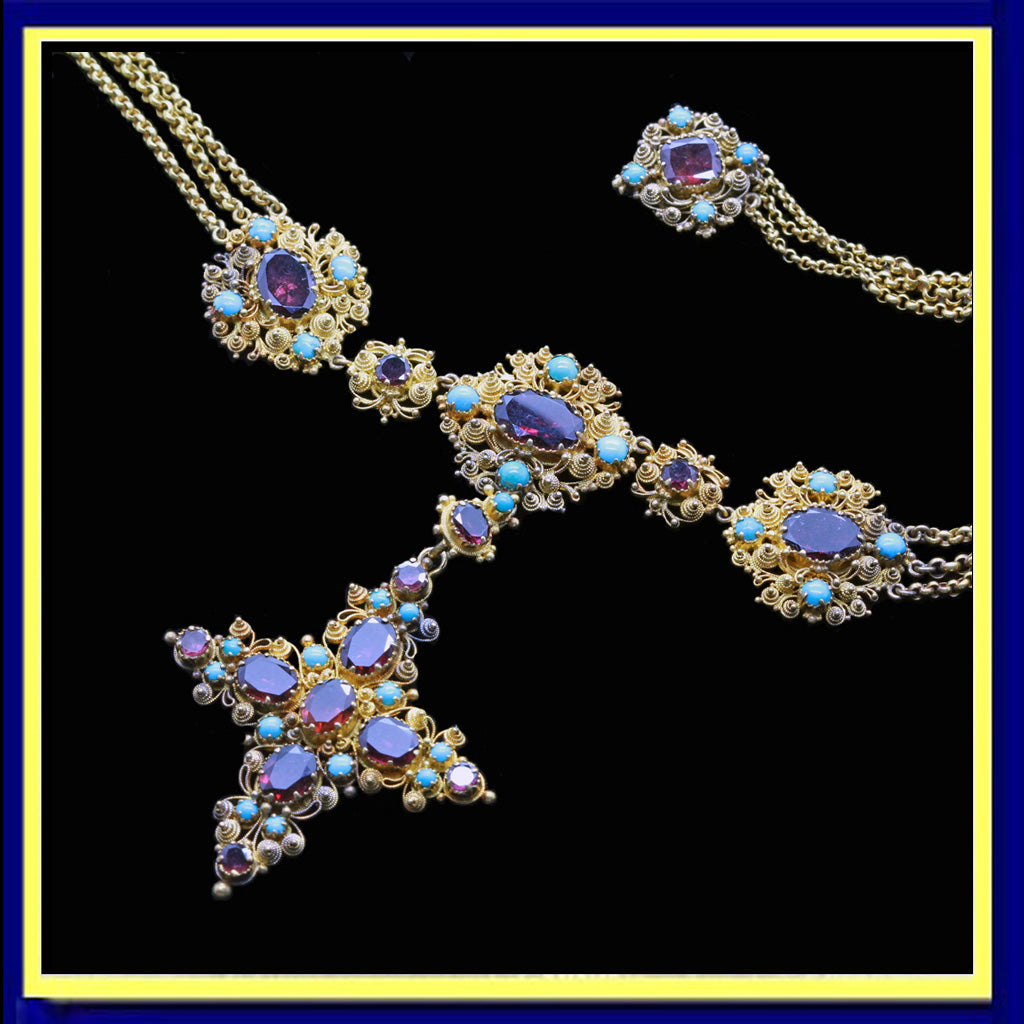 Georgian necklace pendant cross cannetille gold turquoise garnet