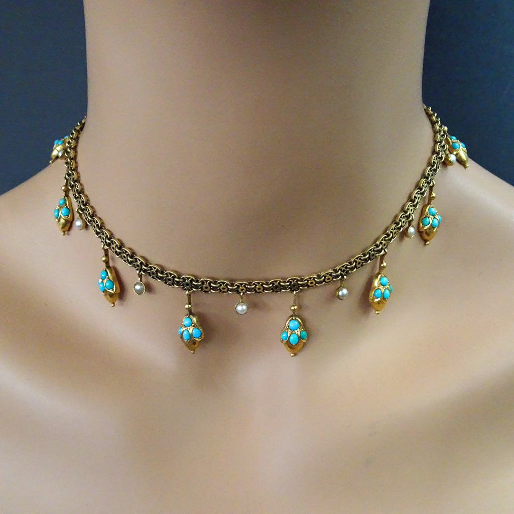 Antique Victorian Necklace 14k Gold Turquoise Pearls Revivalist (6504)