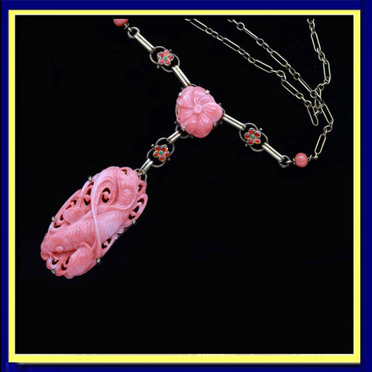 vintage Art Deco necklace gold natural carved coral khoi fish