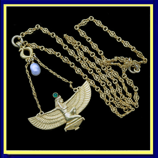 Wiese Necklace Egyptian Revival 18k Gold Emerald Natural Pearl Signed (6570)