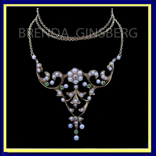 Antique Belle Epoque necklace gold pearls demantoid garnets diamonds