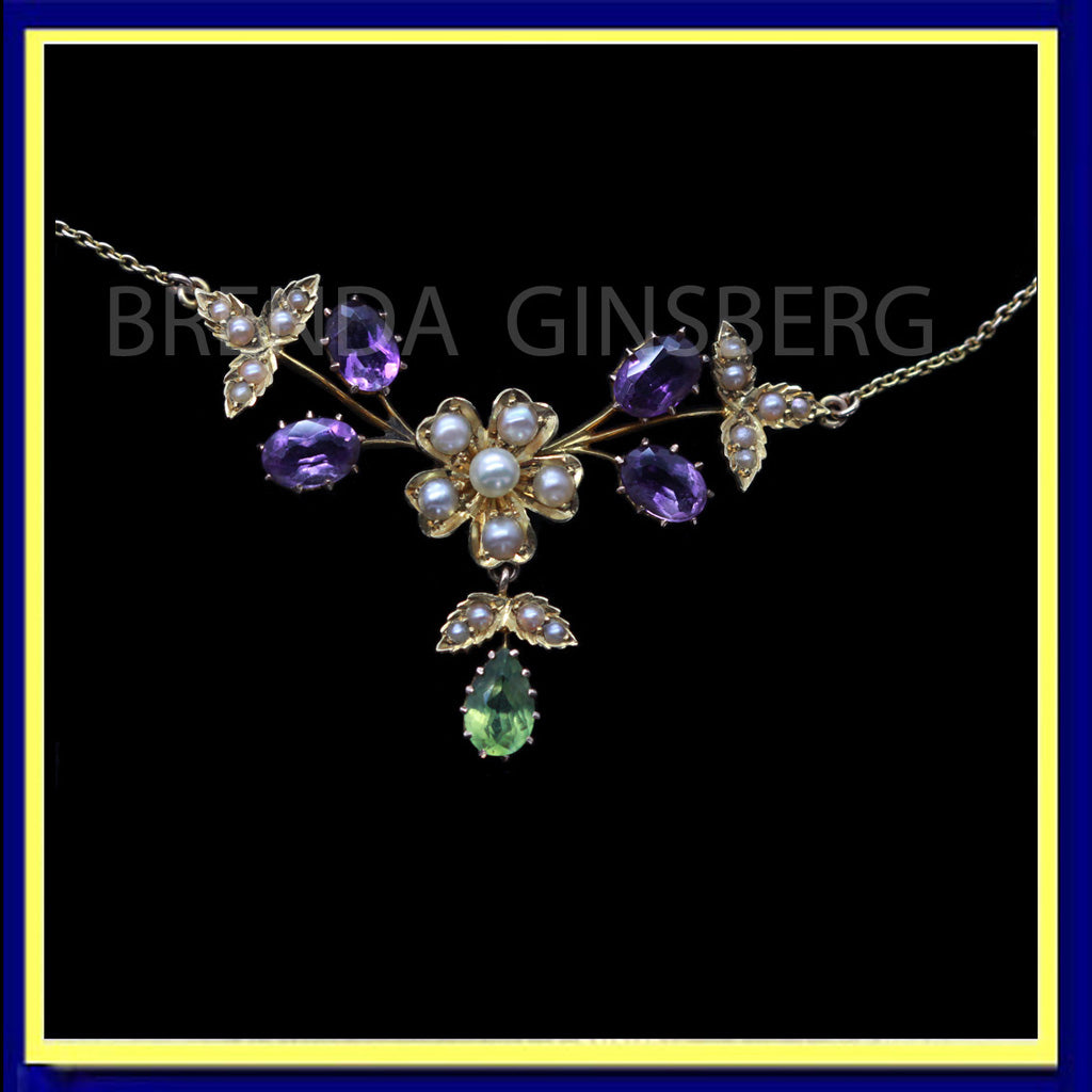 Antique Edwardian necklace gold amethyst peridot pearl Suffragette