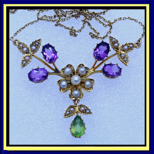 antique Edwardian necklace gold amethyst peridot pearl suffragette
