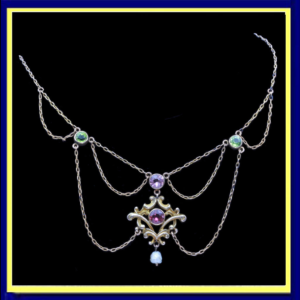 antique Art Nouveau suffragette necklace gold peridot amethyst pearl