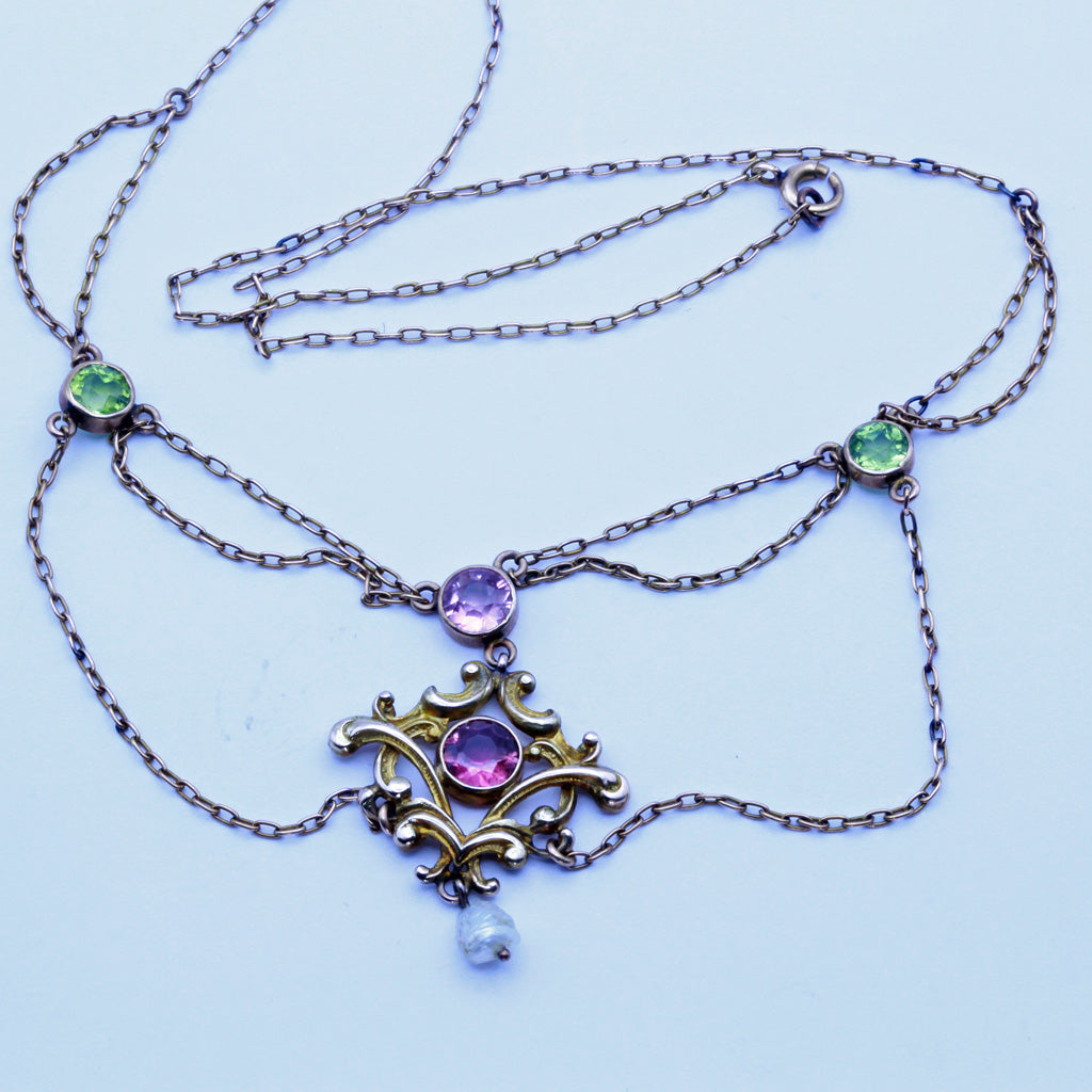 Antique Art Nouveau Suffragette Necklace 14k gold Peridot Amethyst Pearl (7204)