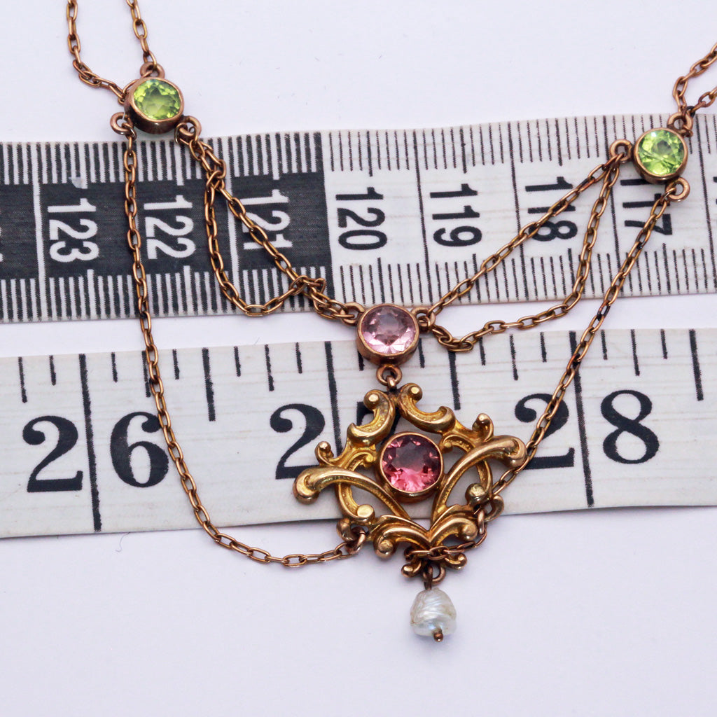 Antique Art Nouveau Suffragette Necklace 14k gold Peridot Amethyst Pearl (7204)
