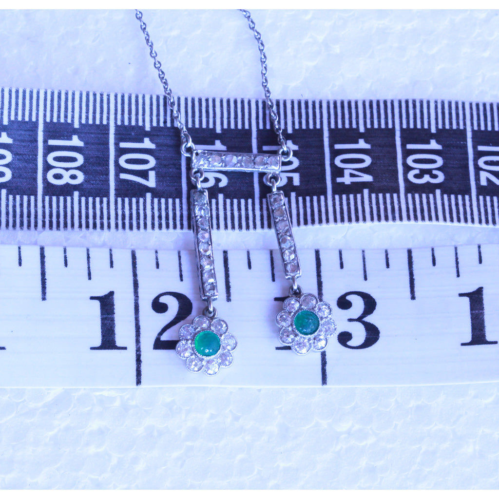 Antique Edwardian negligee necklace 18k gold platinum emeralds diamonds (7266)