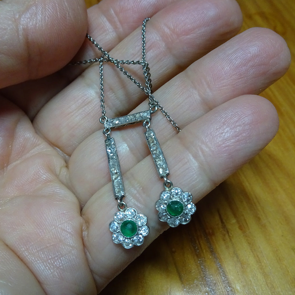 Antique Edwardian negligee necklace 18k gold platinum emeralds diamonds (7266)