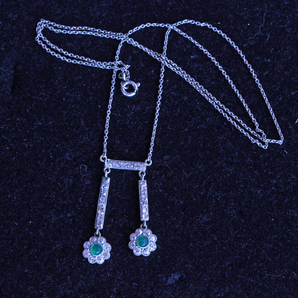 Antique Edwardian negligee necklace 18k gold platinum emeralds diamonds (7266)