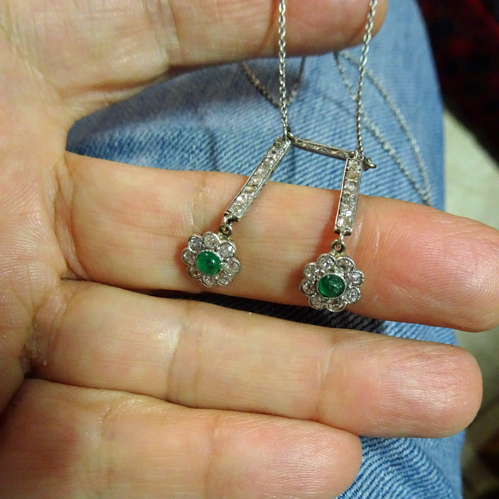 Antique Edwardian negligee necklace 18k gold platinum emeralds diamonds (7266)