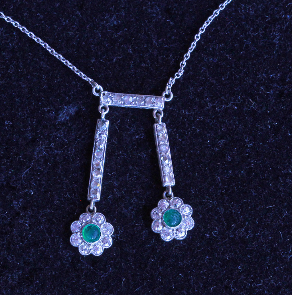 Antique Edwardian negligee necklace 18k gold platinum emeralds diamonds (7266)