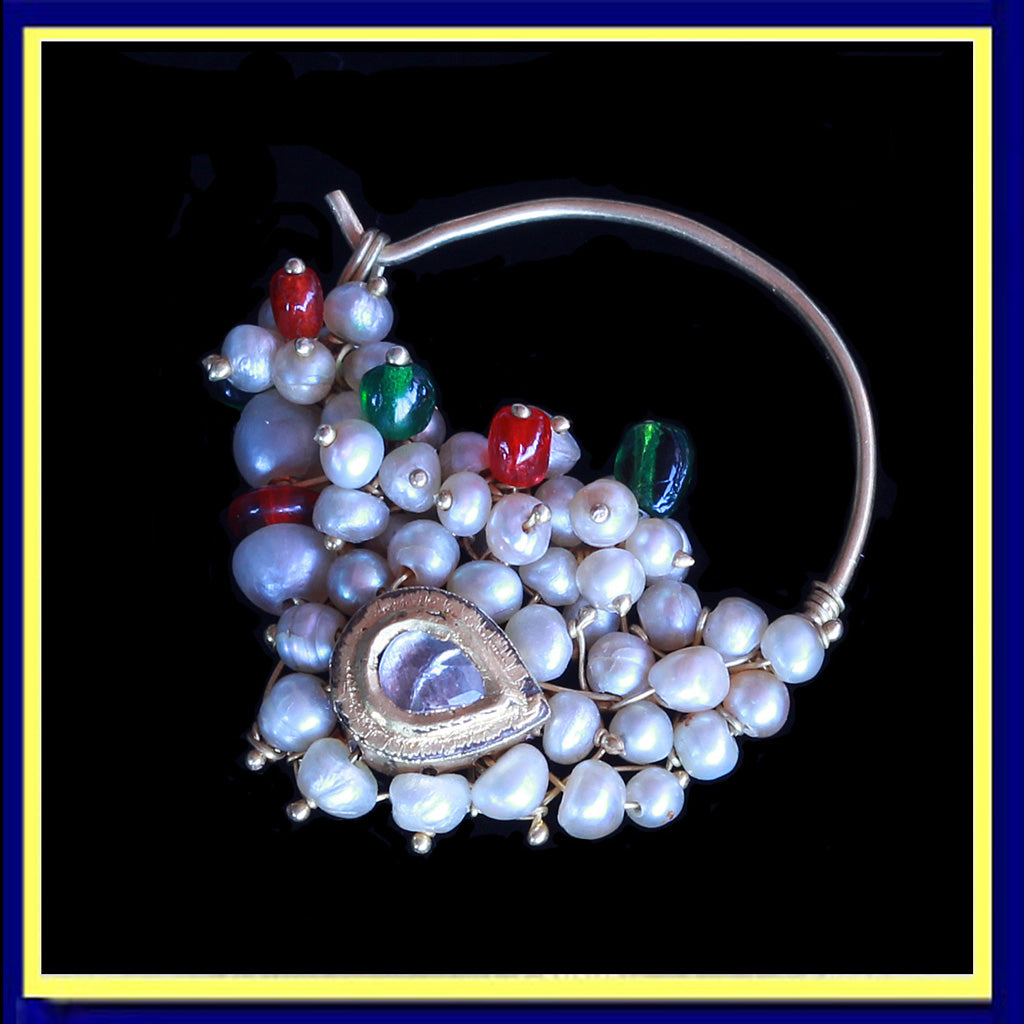 Antique Nose Ring Nath 22k Gold Gem Paste Pearls Indian (6471)